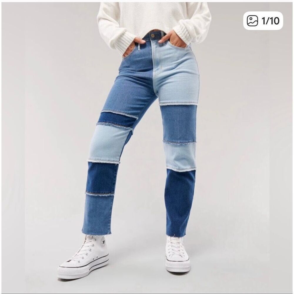 Hollister Ultra High Rise Vintage Straight Patchwork Jeans sz 17L 33/29 EUC